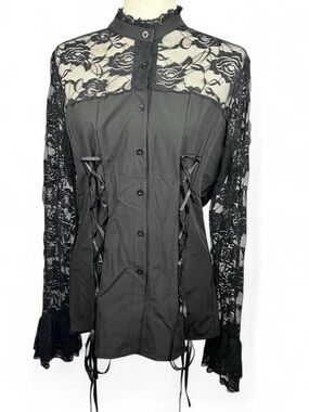 Women’s Black Victorian Lace Goth Long Sleeve Blouse